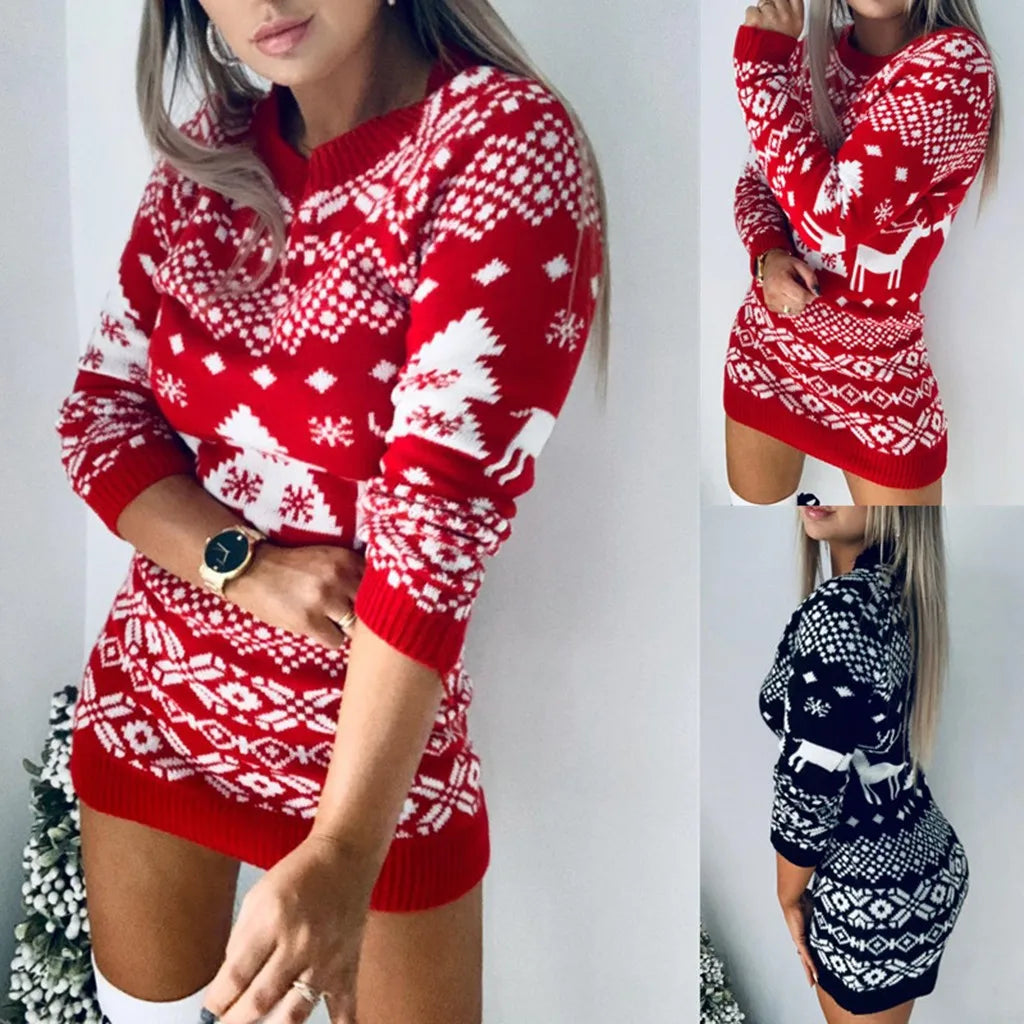 2024 Winter Knitted Women'S Sweater Dress Christmas Solid Dresses Female Elegant Thicken Warm New Year Christmas Clothes Sweater - Seprincess