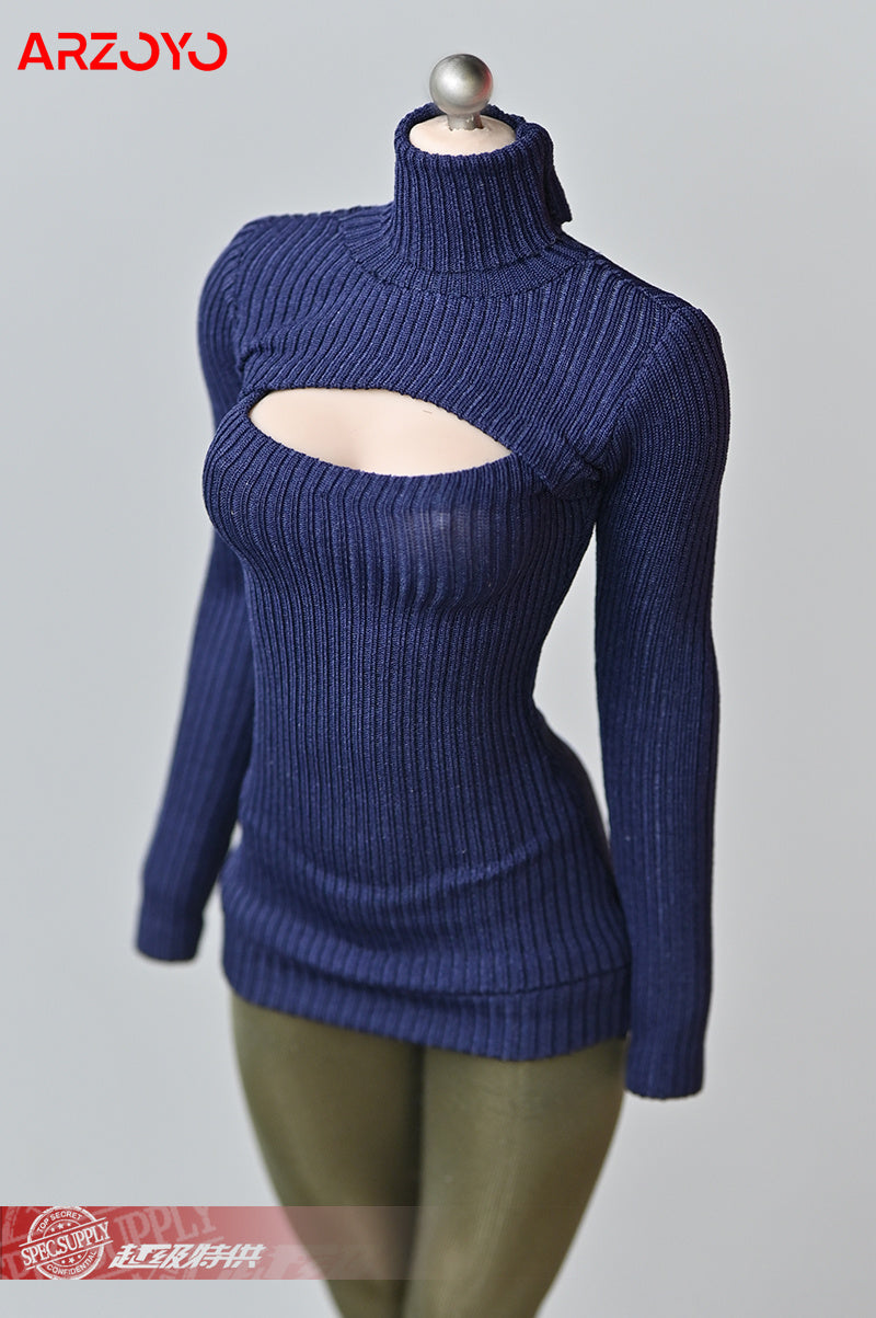 1/6 Female Soldier Sweater Slim Elastic High Neck Knit Pullover Sexy Open Chest Tops Mini Sweater Dress for 12" Action Figure - Seprincess