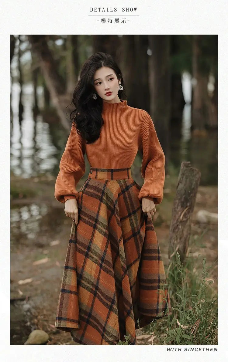 Women's Spring Autumn Vintage Plaid Long Skirts Sweater Two-Piece Set French Lady Graceful Knit Pullover High Waist Skirt Outfit - Seprincess