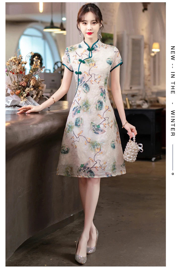 Fashion Modern Chinese Cheongsam A-line Dress Women Short Sleeve Qipao Traditional Chinese Clothes - Seprincess