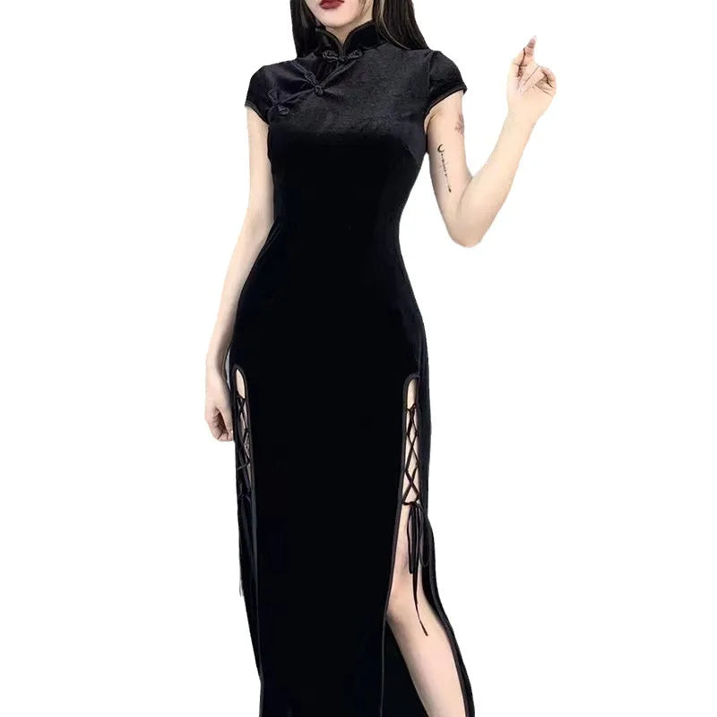 Vintage Black Gothic  Bandage Dress Sexy Cheongsam High Split Velvet Dress Spring Retro Long Qipao Women Aesthetic Dresses - Seprincess