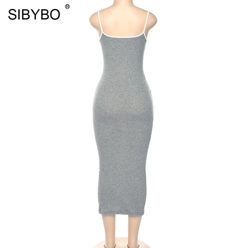 SIBYBO Ribbed Spaghetti Strap Cotton Dress Women Sleeveless O-Neck Summer Dress Solid Backless Long Party Dress - Seprincess