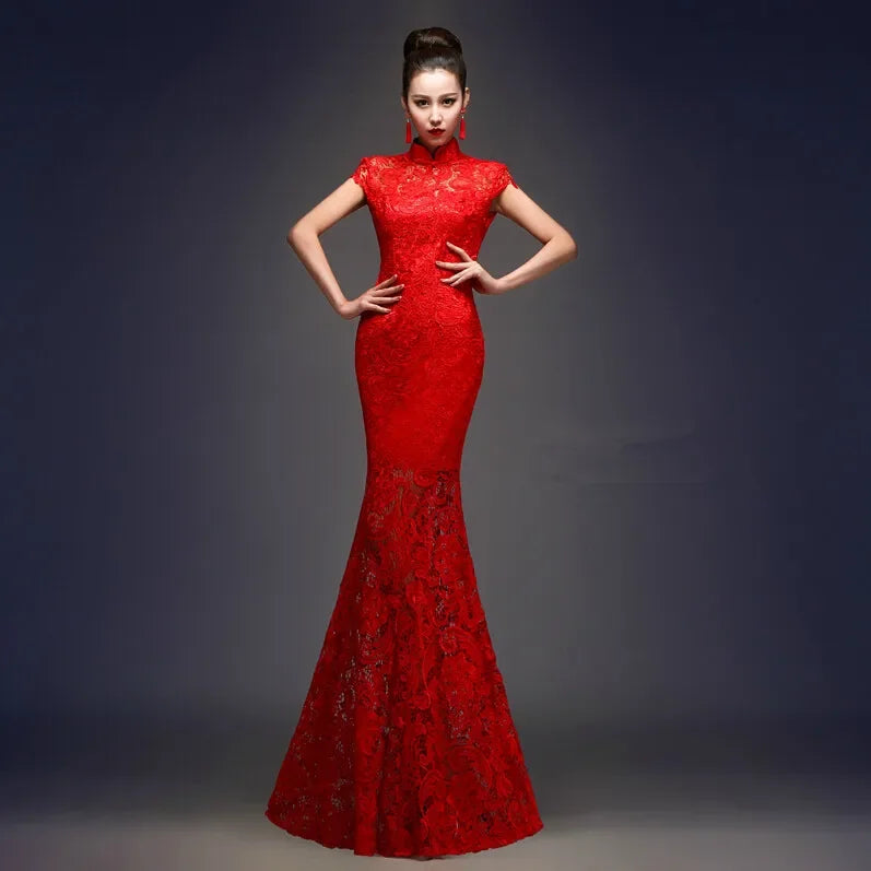 Vintage Chinese Style Cheongsam Wedding Dress Retro Toast Clothing Long Gown Marriage Slim Qipao Party Evening Dress Vestido RED - Seprincess