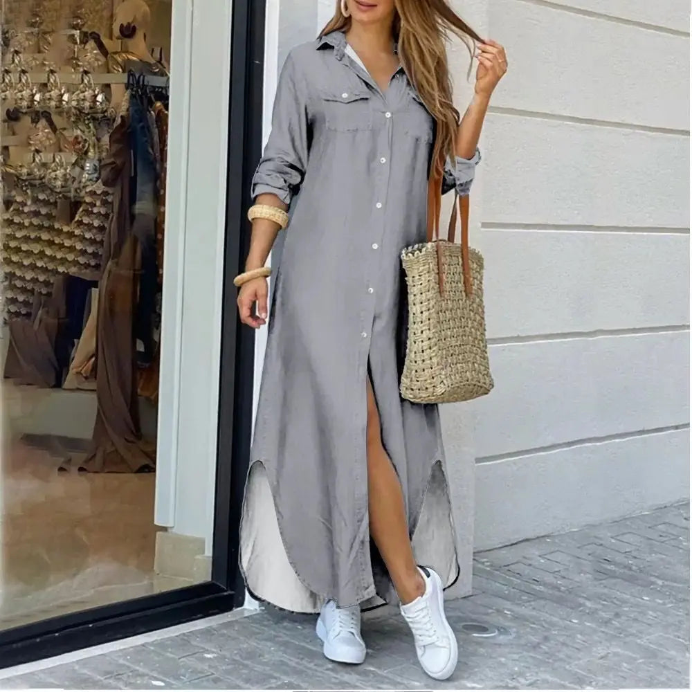 Women Blouse Dress Summer Fashion Female Pocket Button Long Sleeve Long Maxi Party Dresses LRFZ-9386 - Seprincess