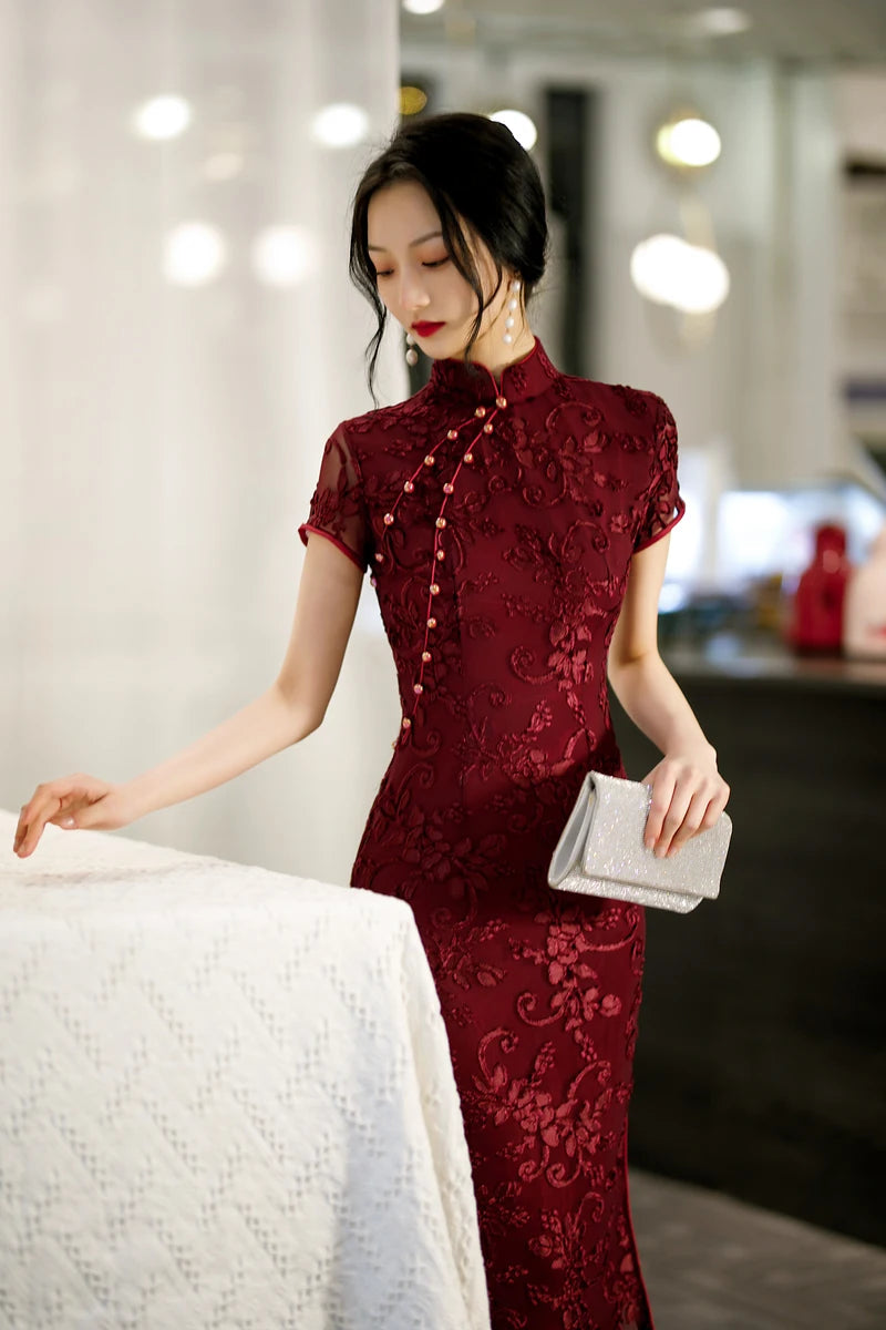 Burgundy Lace Female Qipao Traditional Chinese Dress Vintgae Classic Mandarin Collar Cheongsam Sexy Slim Split Vestidos 3XL 4XL - Seprincess