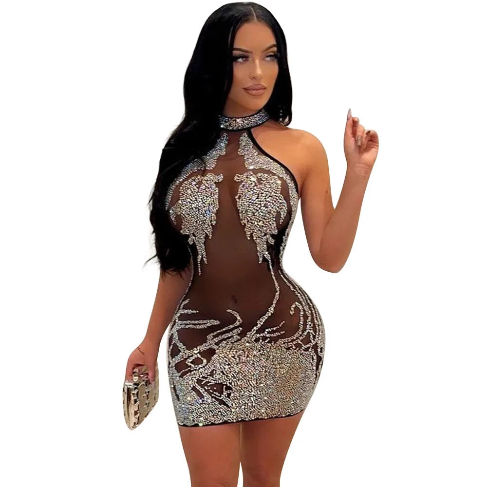 Sexy Mesh Rhinestone Short Prom Evening Mini Dress See Through Outfits Luxury For Women Night Club Party Diamond Bodycon Dresses - Seprincess