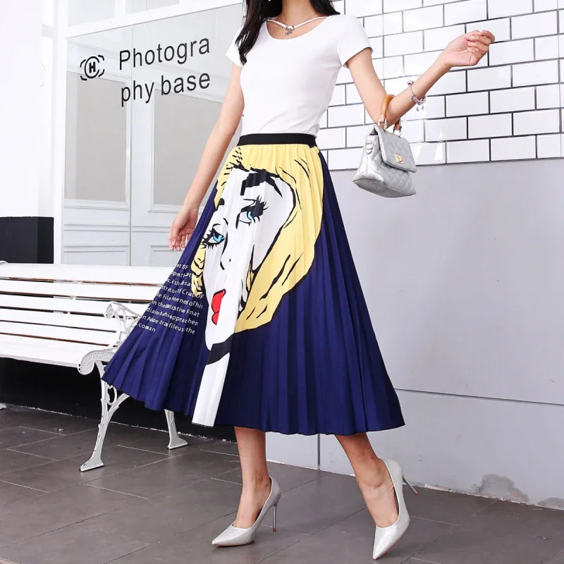 Pleated Skirt Women Summer 2022 New  Print Cartoon Pattern  Elastic Women Skirt Big Swing Party Holiday High Waist Skirts - Seprincess