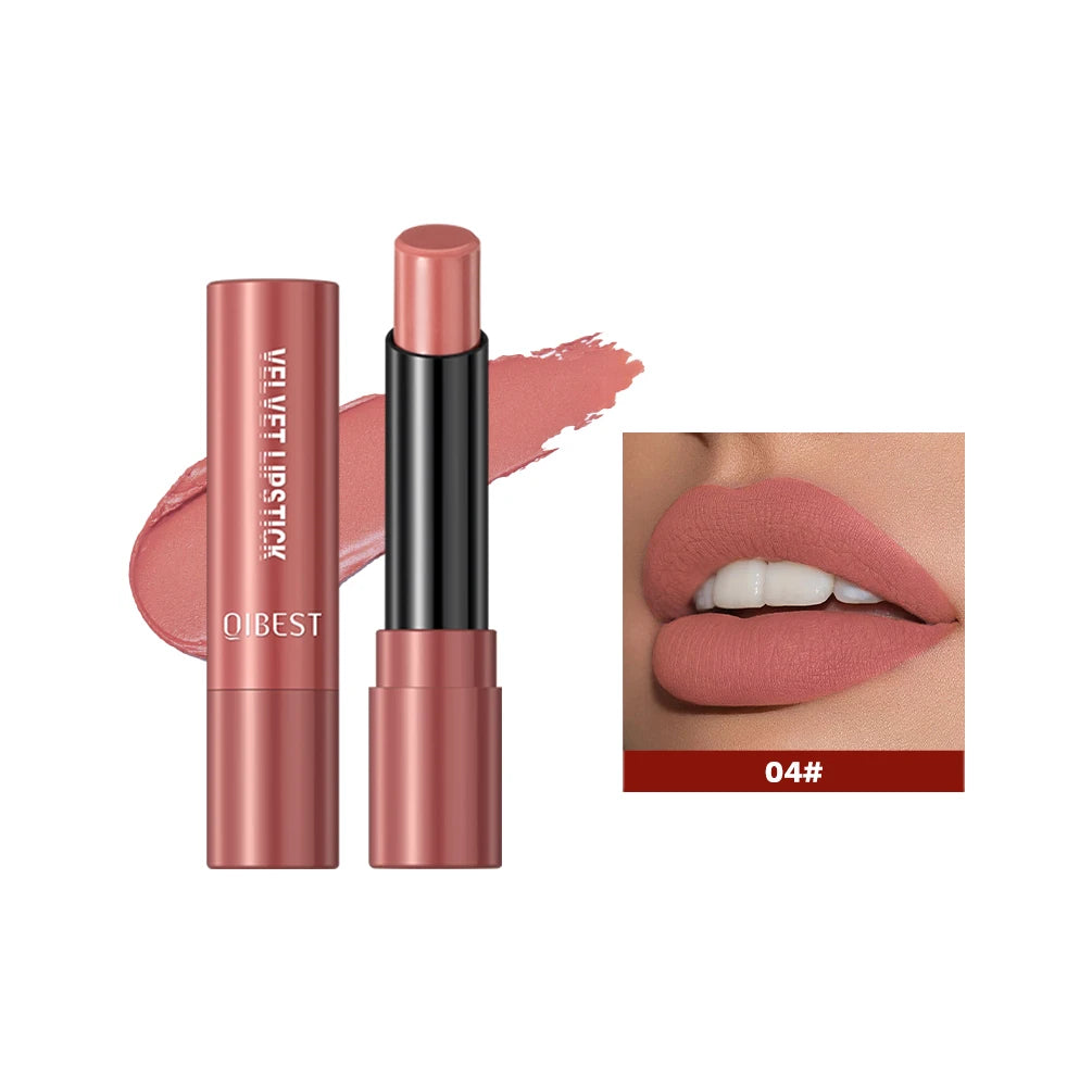 QIBEST Matte Lipstick Long Lasting Velvet Mist Nude Brown Lipstick Non-Stick Cup Classic Highly Pigmented Red Lip Stain Cosmetic