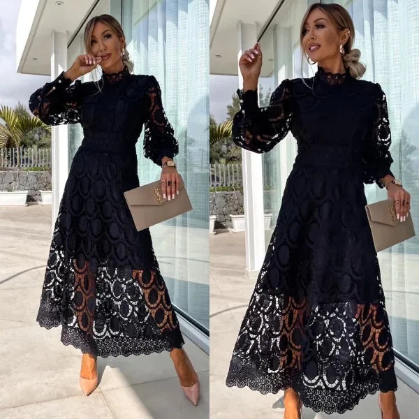 2024 Spring New Fashionable French Lace Stand Up Collar With Bubble Sleeves Waist Cinching Slimming Dress Elegant Long Dress - Seprincess