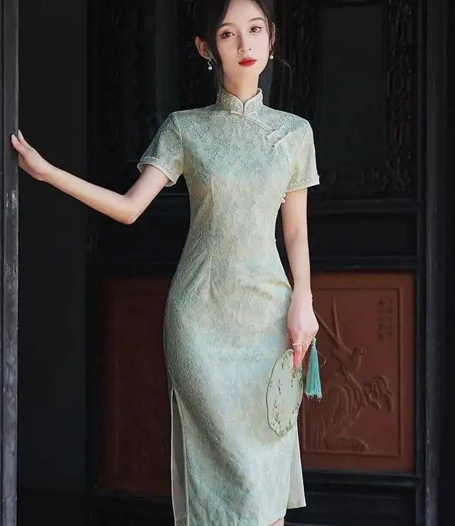 2023 White Lace Cheongsam Women Short Sleeve Traditional Vintage Dress Show Costumes Slim Embroidery Qipao Robe Chinoise Femme - Seprincess