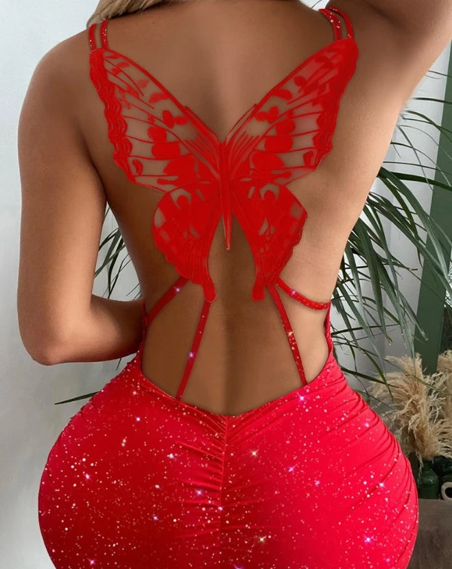 Sexy Spicy Girl Glitter Butterfly Pattern Hollow Out Bodycon Dress Night Out Women Fashion Spaghetti Strap Skinny Party Dresses - Seprincess