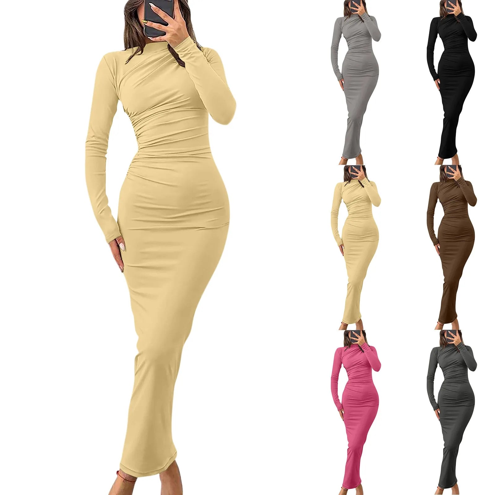 Women Bodycon Maxi Dresses Fall New Long Sleeve Sexy Ruched Neck Slim Fit Cocktail Party Dress Elegant Gentle Temperament Dress - Seprincess