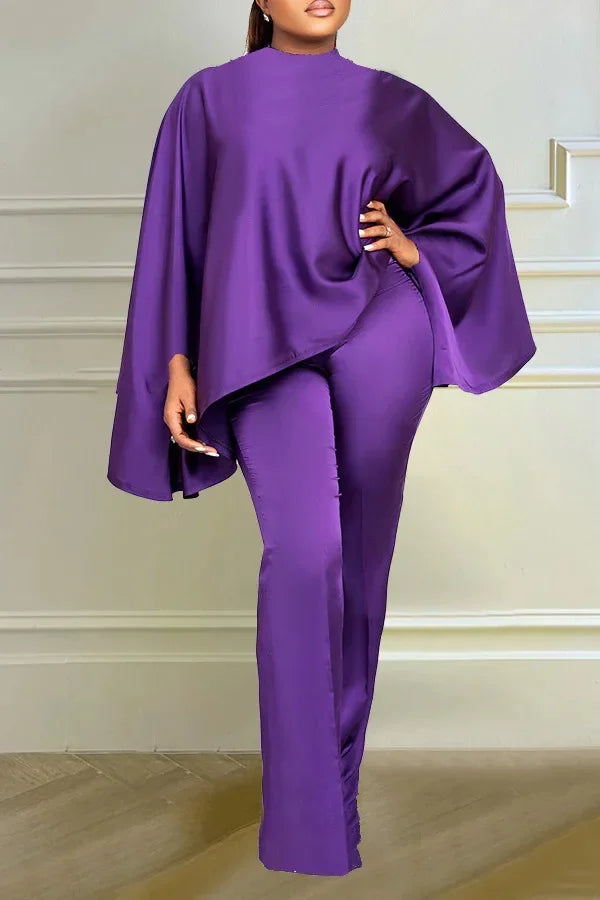 Casual Solid Silk Loose Fit 2 Piece Set Women Fashion Cloak Tops Wide Leg Pants Suit Women Party Evening Wedding 2 Piece Outfit - Seprincess