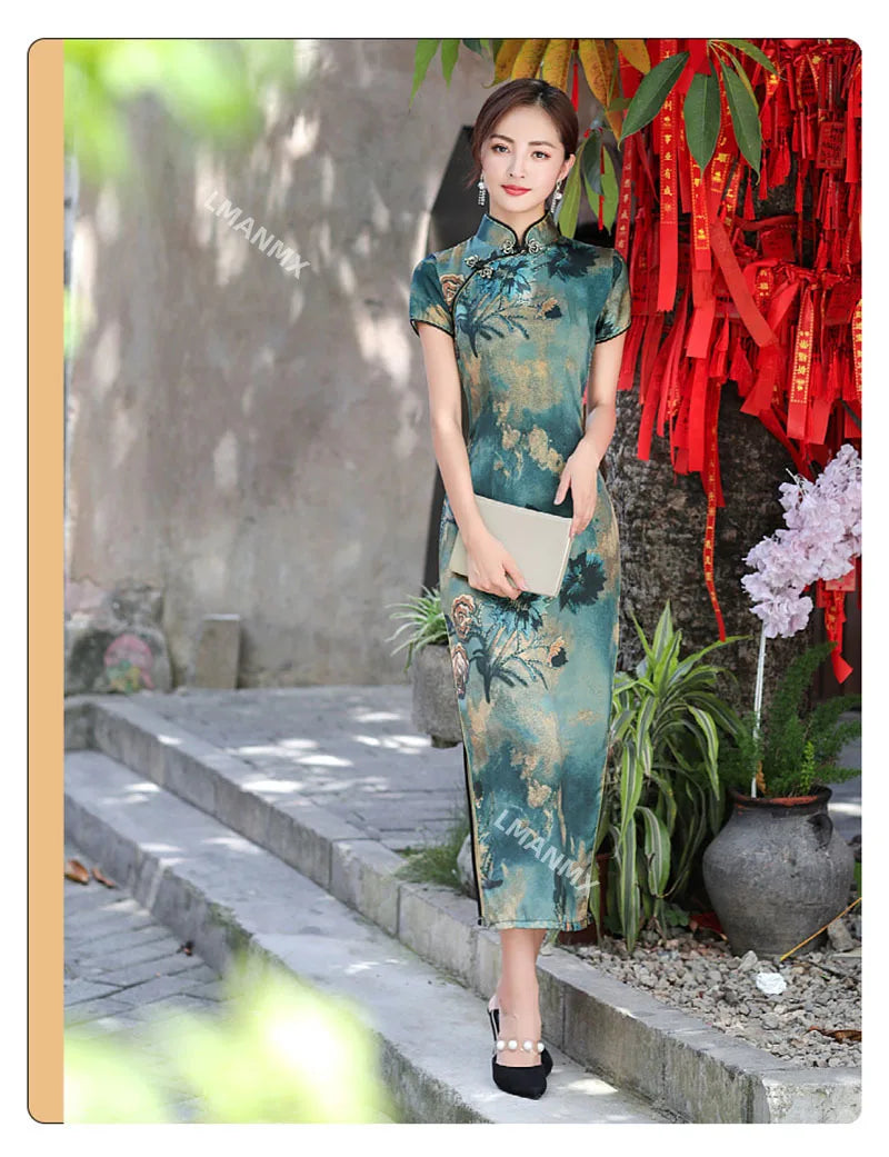 Summer Long Cheongsam Vintage Qipao Silk Fashion Daily Women Dress Slim Party Costume Dresses - Seprincess