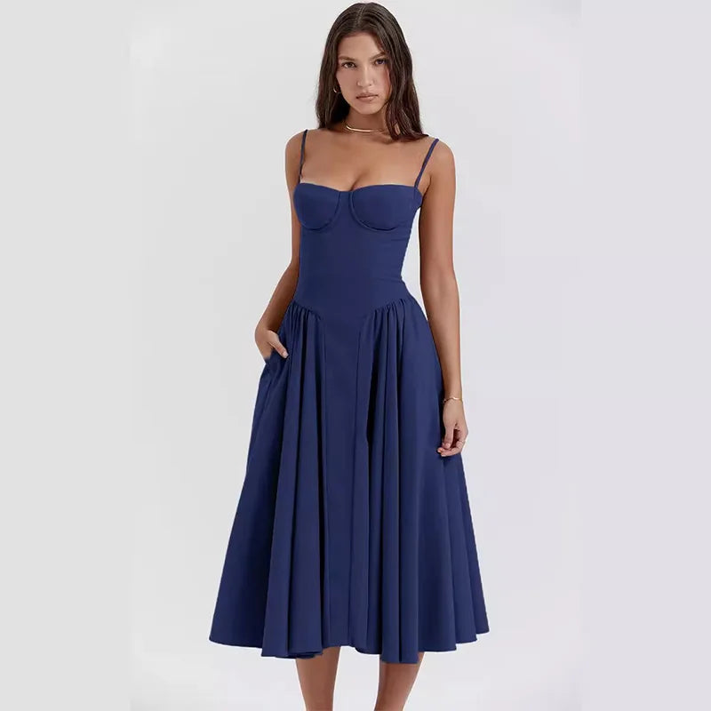 Sexy Solid Pleated Hem Sling Dress Women Fashion Midi Sleeveless Backless Dresses Female 2024 Summer Party Evening A-line Robes