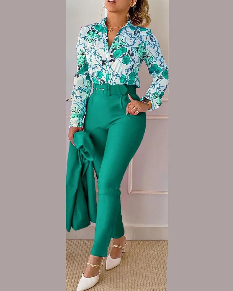 Elegant Women Shirt Two Piece Set Suits Fall New Fashion Print Long Sleeve Top Black Pants Set With Belt Blouses Female Clothing