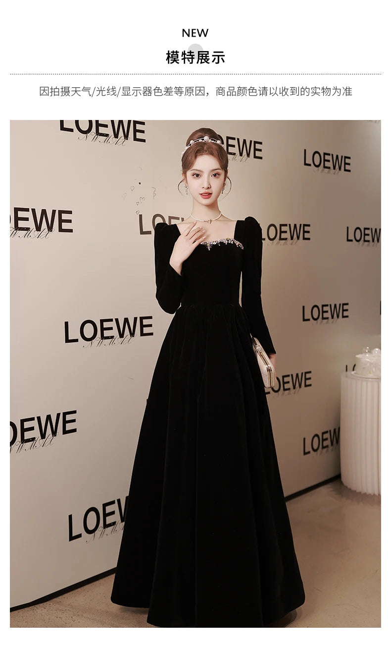 Black new light luxury small temperament banquet velvet long-sleeved dress - Seprincess