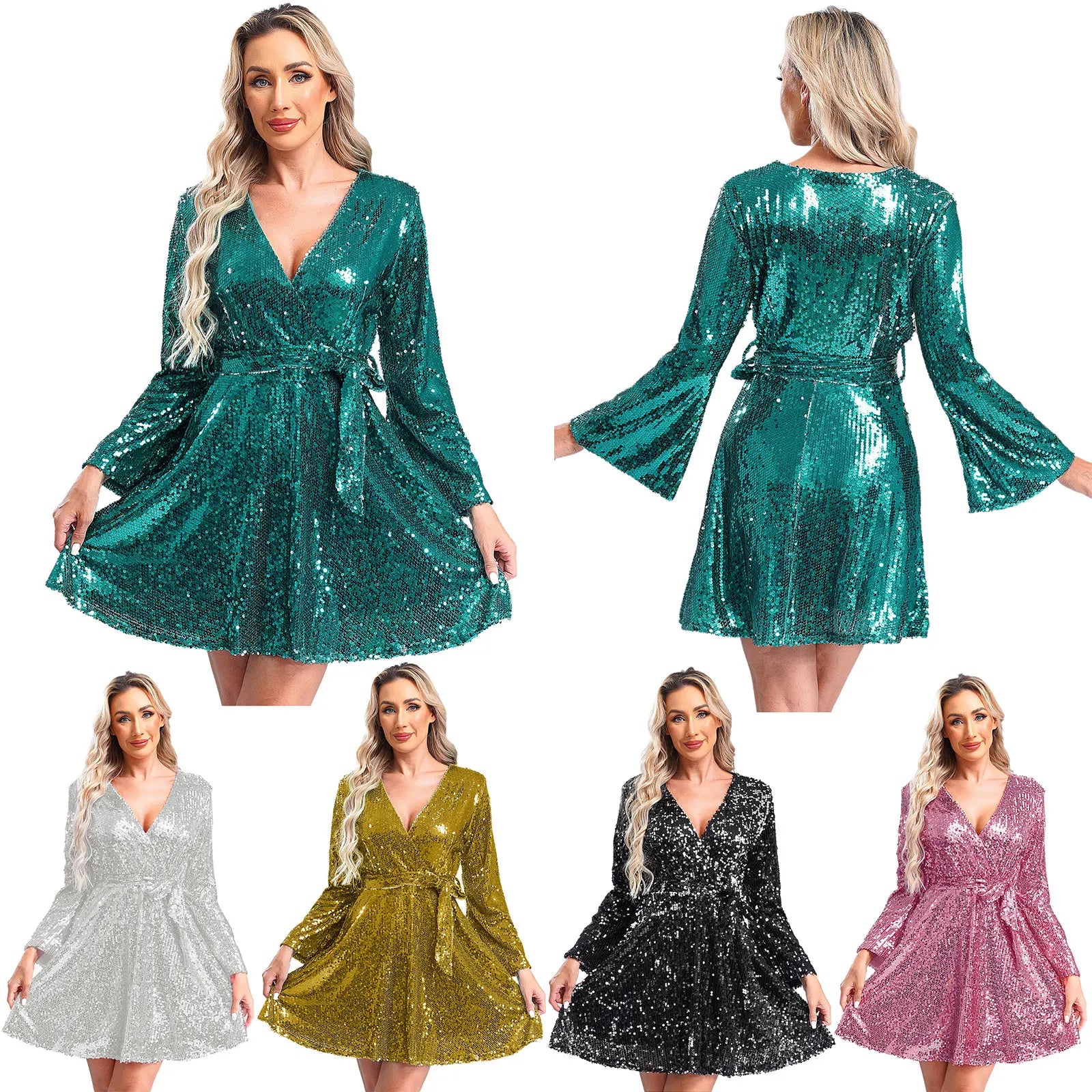 Fashion Women's Dress Clubbing Prom Vestidos V Neck Loose Sequin Dresses Long Sleeve Gown for Cocktail Party Prom Evening Robe - Seprincess