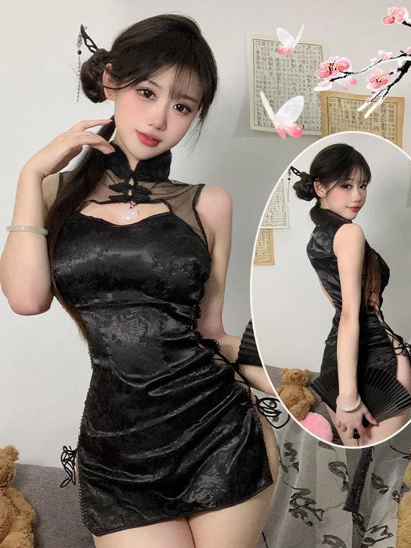 Sexy Cheongsam Mini Dress Mesh Lace Sheer Charming Underwear Uniform Transparent Slim Side Straps Dress Elegant Tops HE1O - Seprincess