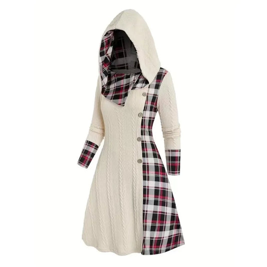 2024 Autumn Winter Chic Plaid Hooded Dress Women Knit Sweater Long Sleeve A Line Style With Trendy Splicing Perfect Casual Wear - Seprincess