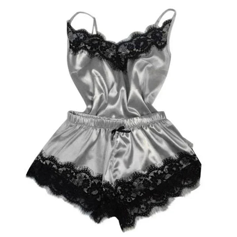 New Women's Pajamas Silk Sexy Pajama Set Black Lace V-Neck Pajama Suspender Top and Shorts Lace Pajama Set Home Underwear Dress - Seprincess