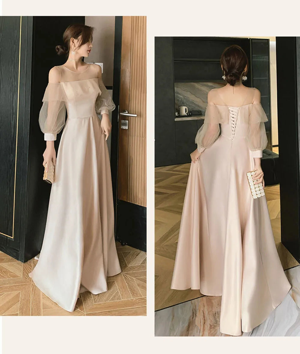 4 Styles Satin Solid Bridesmaid Dress Women Elegant Floor Length Slim Fit Spliced Tulle Puff Sleeve Wedding Party Guest Vestido - Seprincess