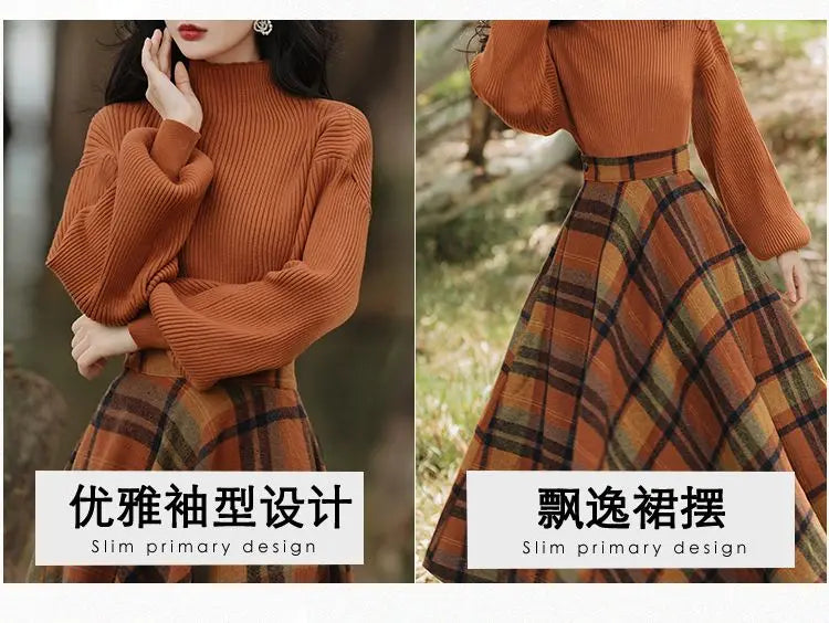 Women's Spring Autumn Vintage Plaid Long Skirts Sweater Two-Piece Set French Lady Graceful Knit Pullover High Waist Skirt Outfit - Seprincess