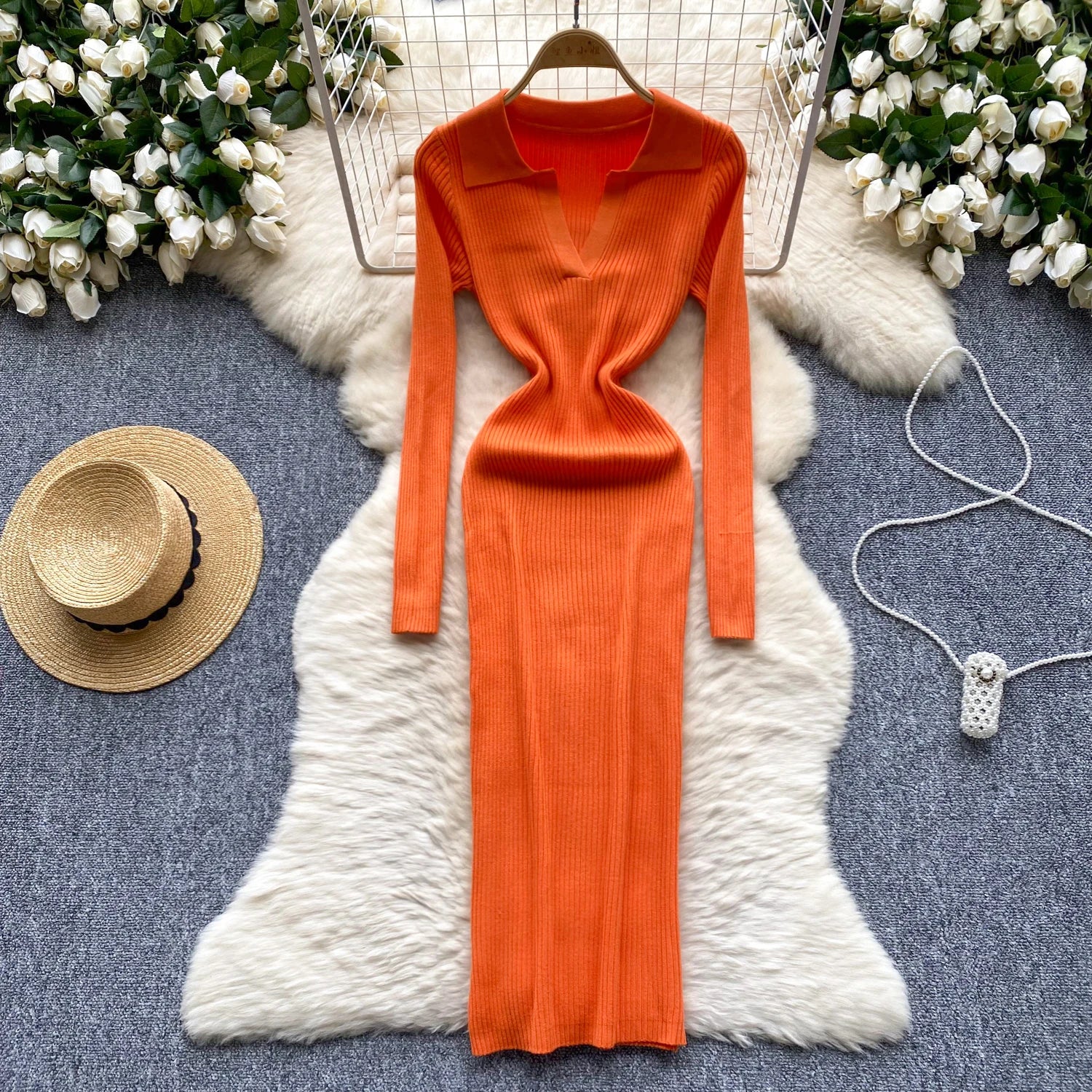 SINGREINY French Vintage Sweater Dress 2024 Ladies Lapel Long Sleeves Autumn Fashion Solid Basics Bodycon Knitted Long Dress - Seprincess