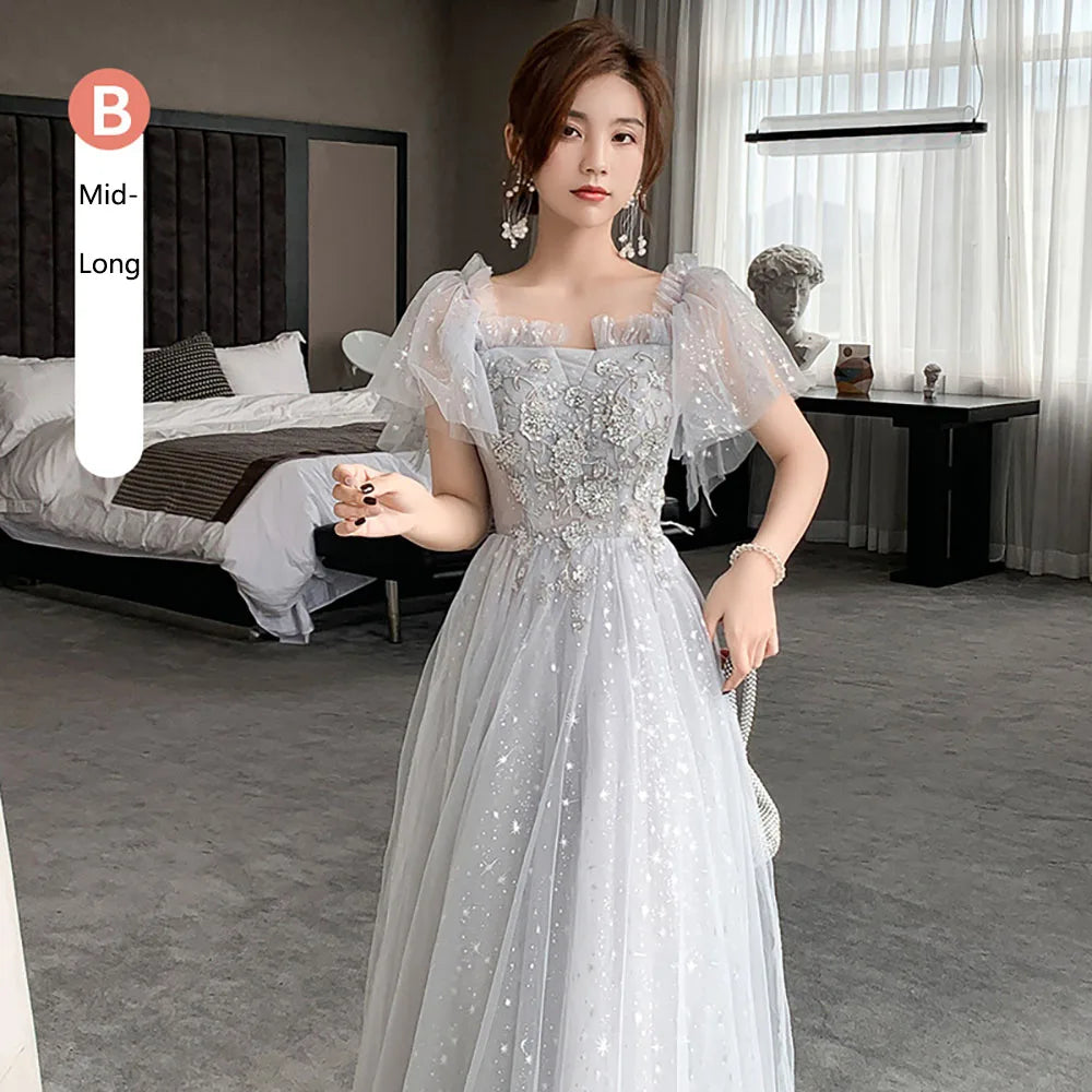 Bridesmaid Dress Women Lantern Sleeve Sequin Tulle Party Dresses Fairy Stage Performance Elegant Ladies Banquet Evening Gown - Seprincess