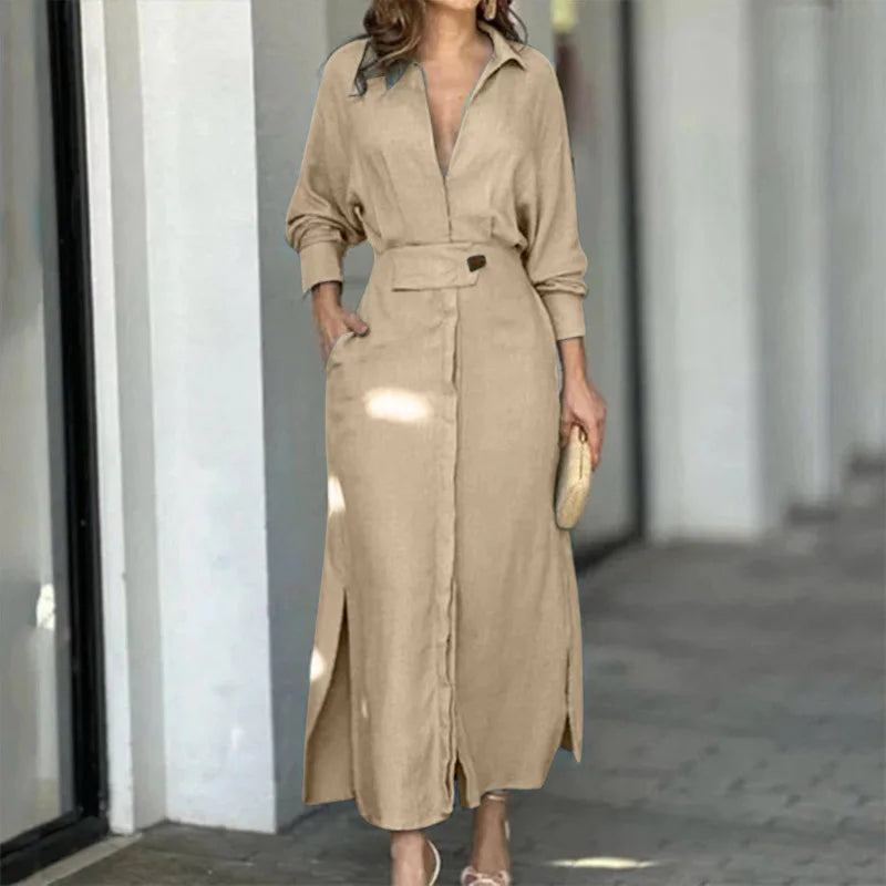 Fashion Dress For Women Luxury Elegant Solid Color Dress 2023 Autumn Party Slip Pockets Long Sleeve Irregular Shirt Dresses - Seprincess