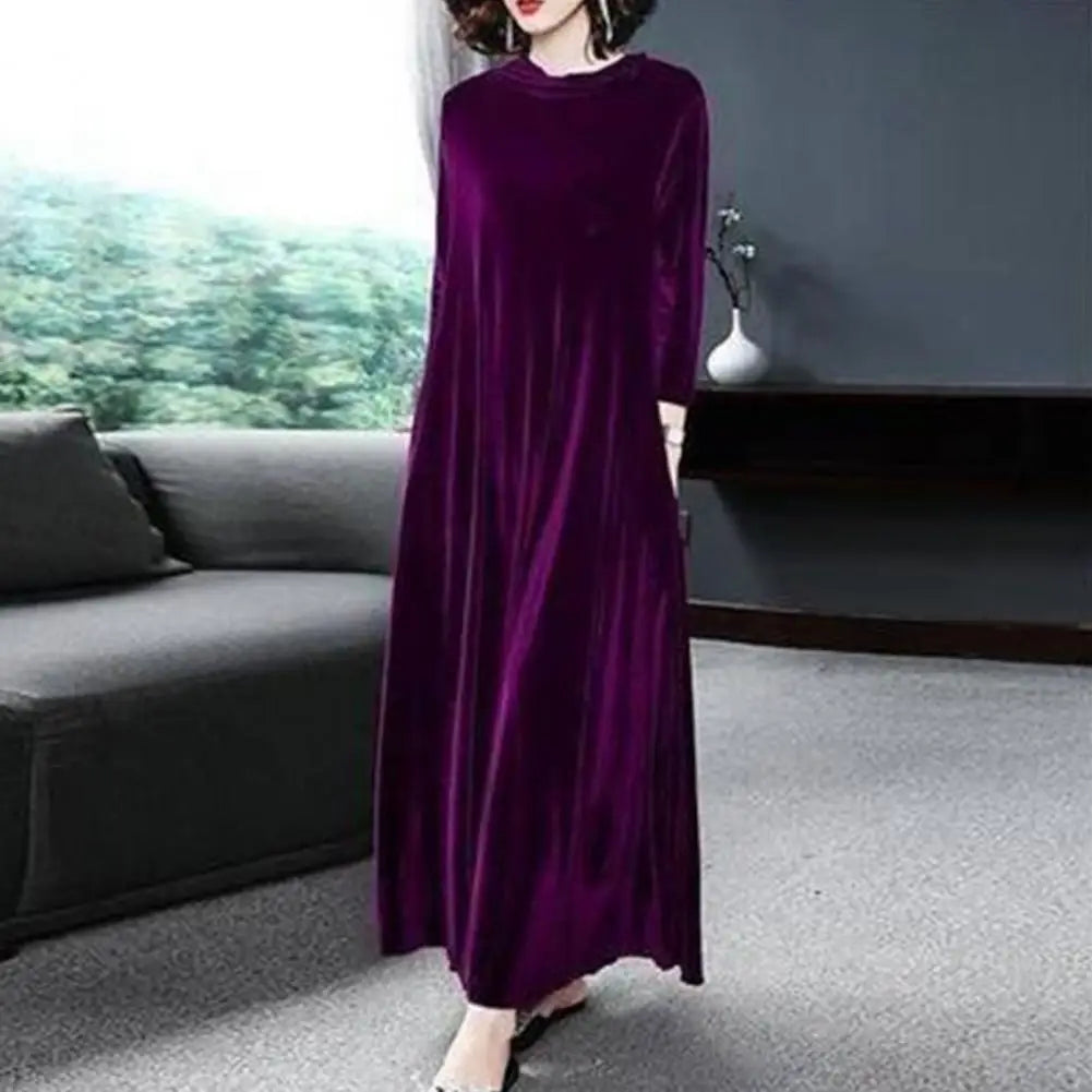 2024 Winter Women Turtleneck Long Maxi Velvet Dress, Elegant Long Sleeves Party Dress,Autumn Velour Dress - Seprincess