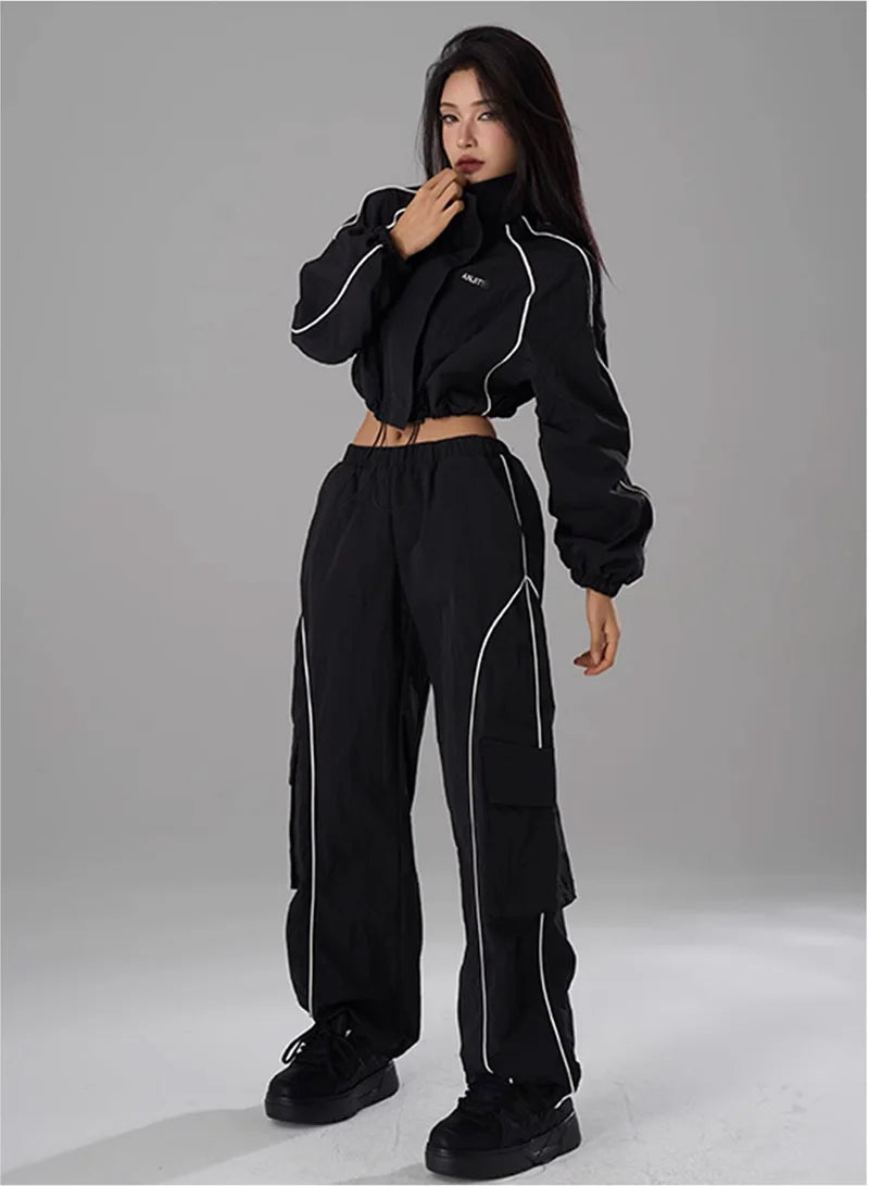 Hip Hop Sports Suit Two-piece Set Women Black Short Track Jacket +Sweatpants Joggers Dance Tracksuit Female Cropped Jacket Sets - Seprincess