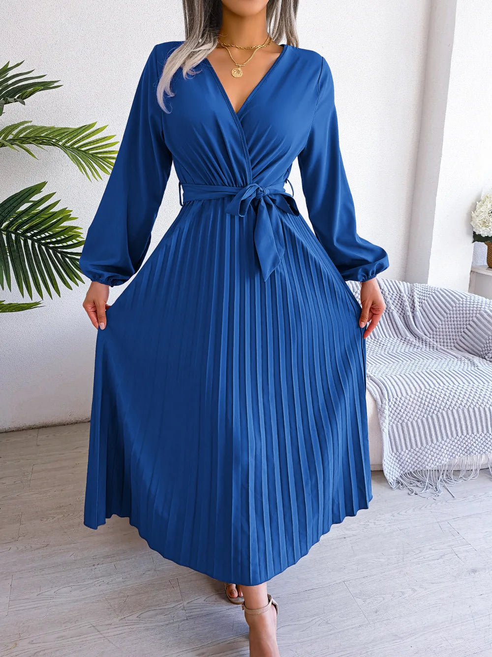 Women Elegant V Neck Long Sleeve Pleated Maxi Dress - Seprincess