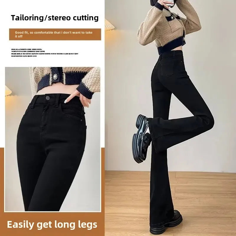 Autumn Winter Fleece-Lined High-Waisted Slimming Jeans For Women Petite Black Versatile Elastic Micro-Flared Cropped Pants