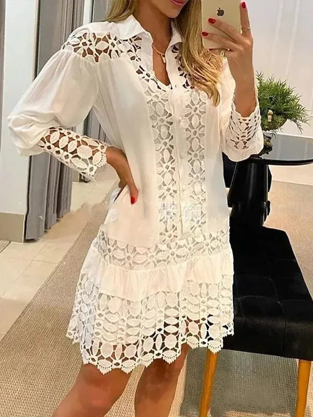 Spring Summer New Long Sleeve For Women's Dresses Solid Color Lace Splicing Fashion Cutout Shirt Elegant Female Sexy Dress - Seprincess