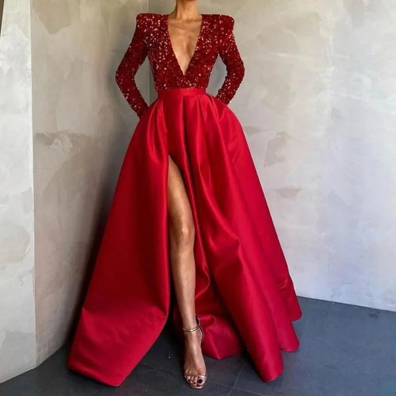 2023 New arrival fashion sequins sexy V-neck slim fit evening dress long sleeved elegant split tailing gown women clothing - Seprincess