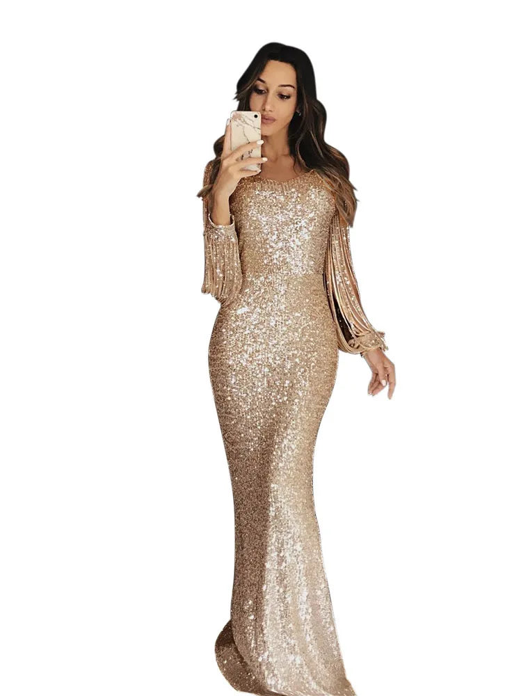 Spring 2022 Women Fashion Elegant Sequins Solid Color Maxi Wedding Evening Party Dress Female Long Tassel Sleeve Bodycon Dresses - Seprincess