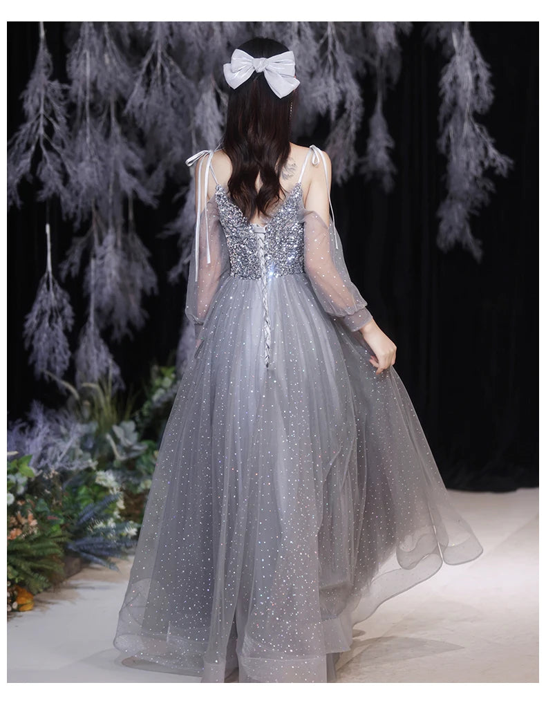 Grey Bridesmaid Evening Dress Women Off Shoulder Sequins Wedding Party Vestidos Fairy Temperament Sisters Group Gown Summer