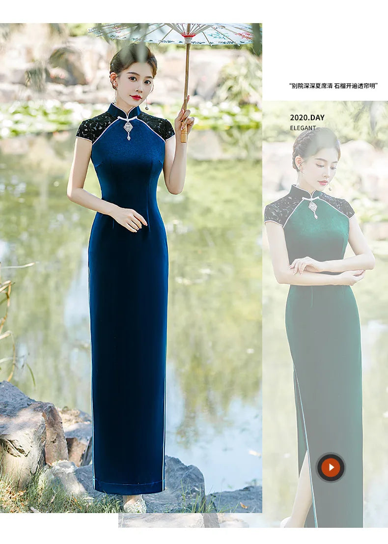 Elegant Lady Evening Party Dress Prom Gown Sexy Female Velour Cheongsams Chinese Mandarin Collar Qipao Side Split Oversized 5XL - Seprincess