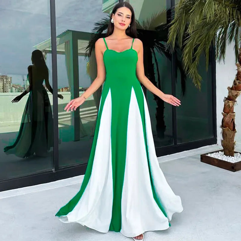 Fashion Contrasting Color Spaghetti Strap Dress For Women Elegant Gauze Backless A-line Long Dresses New Lady Party Evening Gown - Seprincess