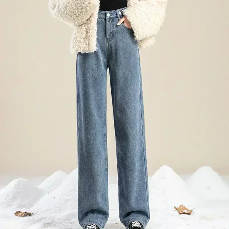 Women Pants 2023 Winter Fashion Korean Edition New Style Versatile High Waist Straight Cylinder Thick Fleece Wide Leg Jeans