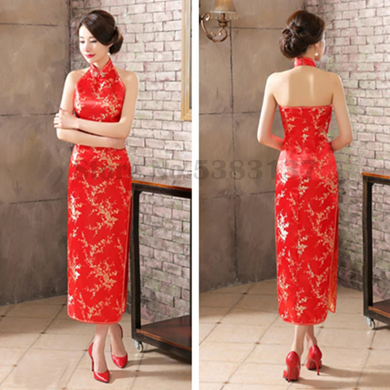 Plus Size 3XL Qipao Sexy Backless Sleeveless Cheongsam Retro Classic Brocade Chinese Vestidos Traditional Printed Flower Dress - Seprincess