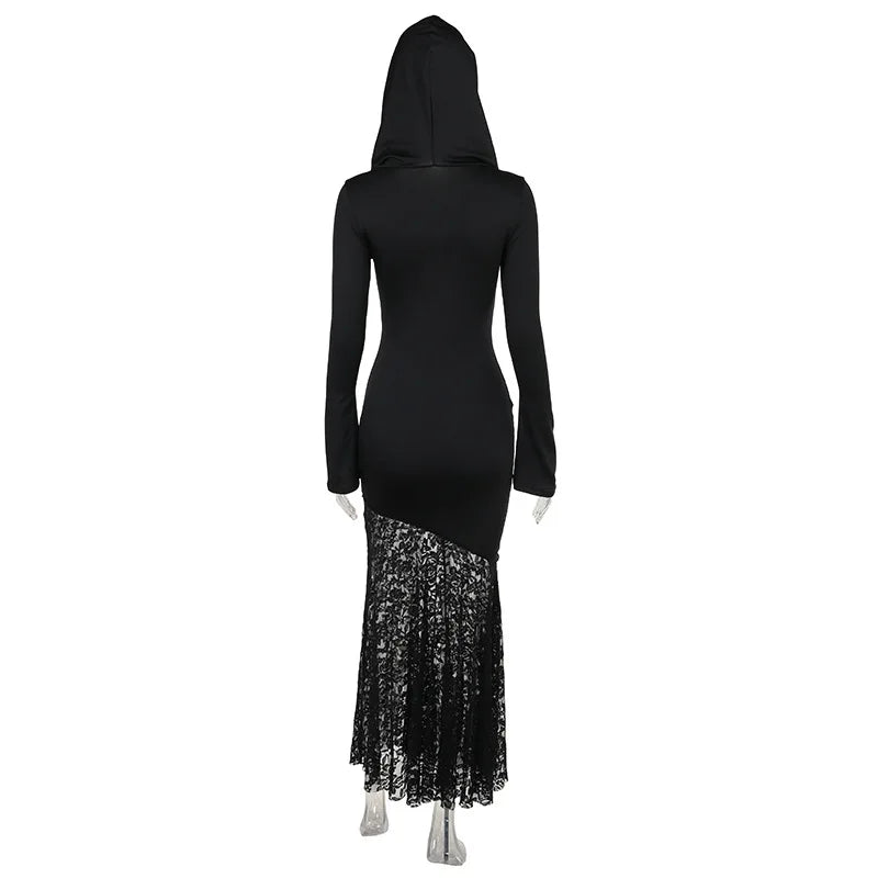 Goth Dark Elegant Fashion Women Hooded Dress Mall Gothic Cross Hollow Out Lace Spliced Partywear Acubi Sexy Bodycon Dresses Slim - Seprincess