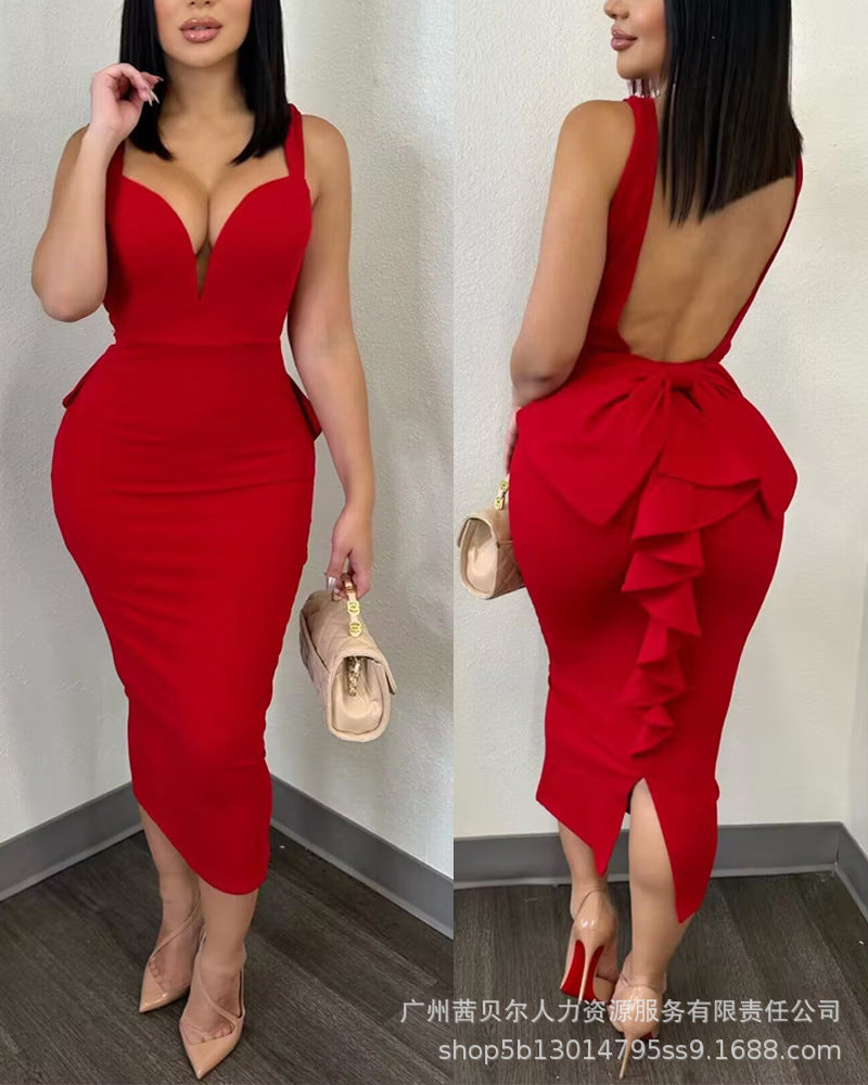 New Women's Backless Ruffles Patchwork Dress 2023 Elegant Sexy Evening Party Dress Women's Spaghetti Strap V-neck Slim Fit Dress - Seprincess