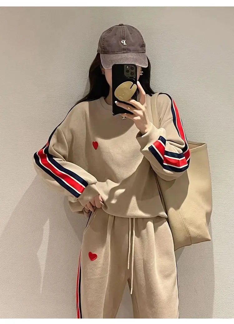 Autumn Cute Love Embroidery Pant Sets Two Pieces Tracksuits Khaki Side Striped Sweatshirt Women Girls Loose Sporty Korean Style - Seprincess