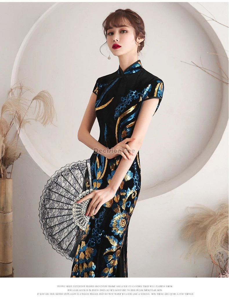 2024 temperament banquet formal dress gold graceful gorgeous thread embroidery qipao dress new retro improved chinese cheongsam - Seprincess