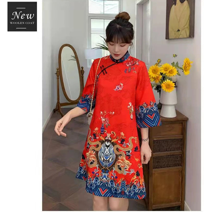 Red Blue Loose 2024 New Fashion Modern Chinese Cheongsam A-line Dress Women 3/4 Sleeve Qipao Traditional Chinese Clothes - Seprincess