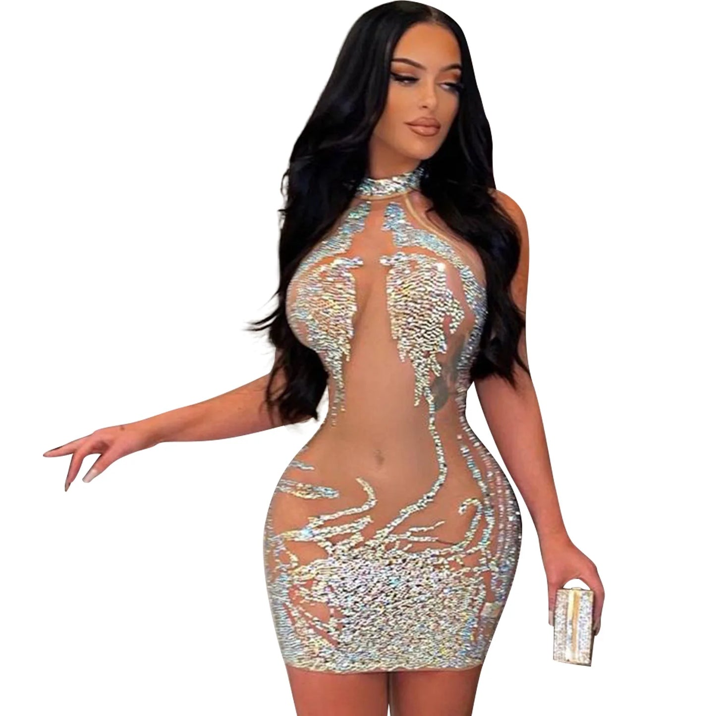 Sexy Mesh Rhinestone Short Prom Evening Mini Dress See Through Outfits Luxury For Women Night Club Party Diamond Bodycon Dresses - Seprincess