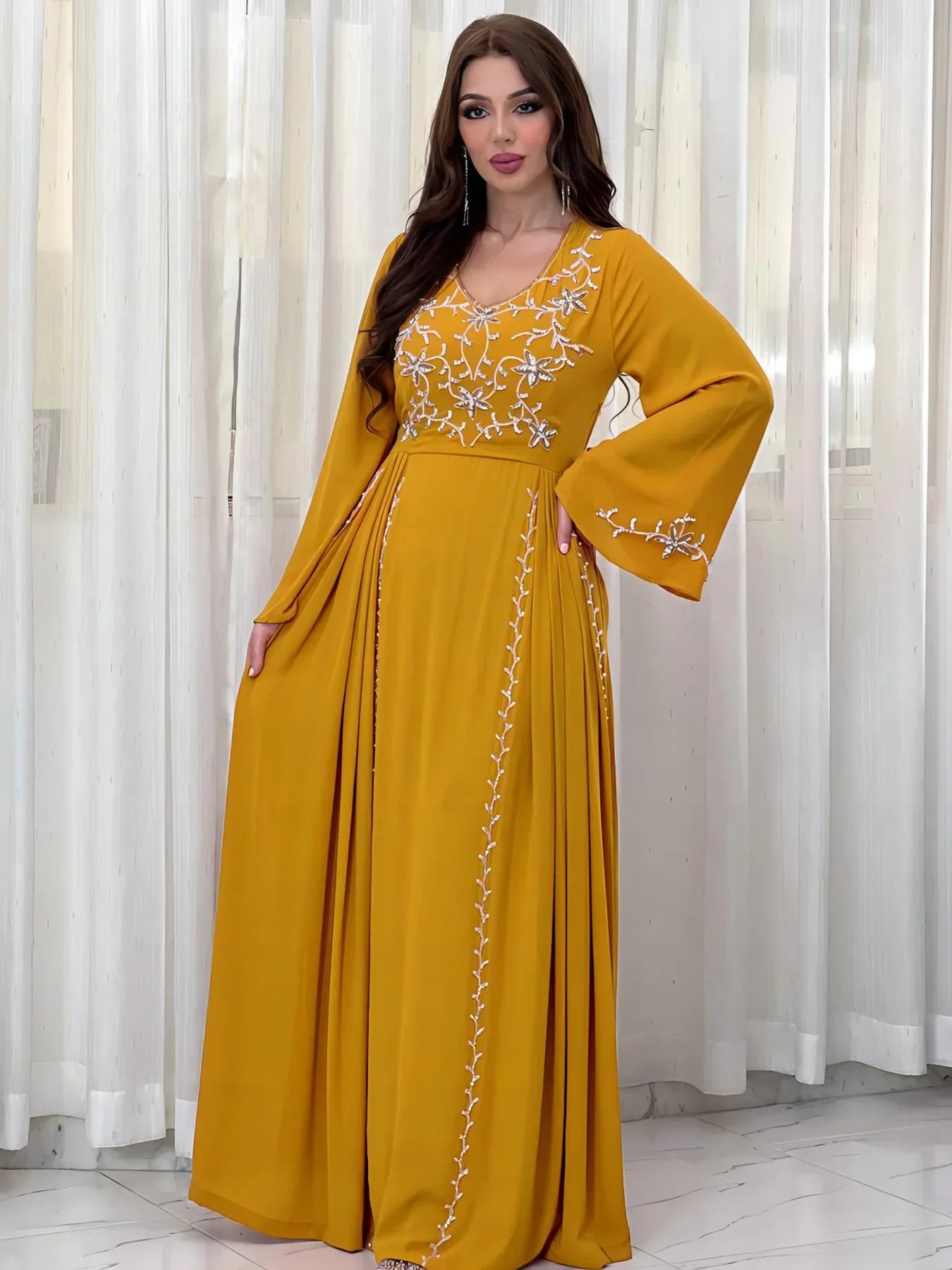 Dress for Women 2024 Spring Summer Fashion Muslim Women Long Sleeve Polyester Kaftan Embroidery Long Maxi Dress Abaya Dubai - Seprincess