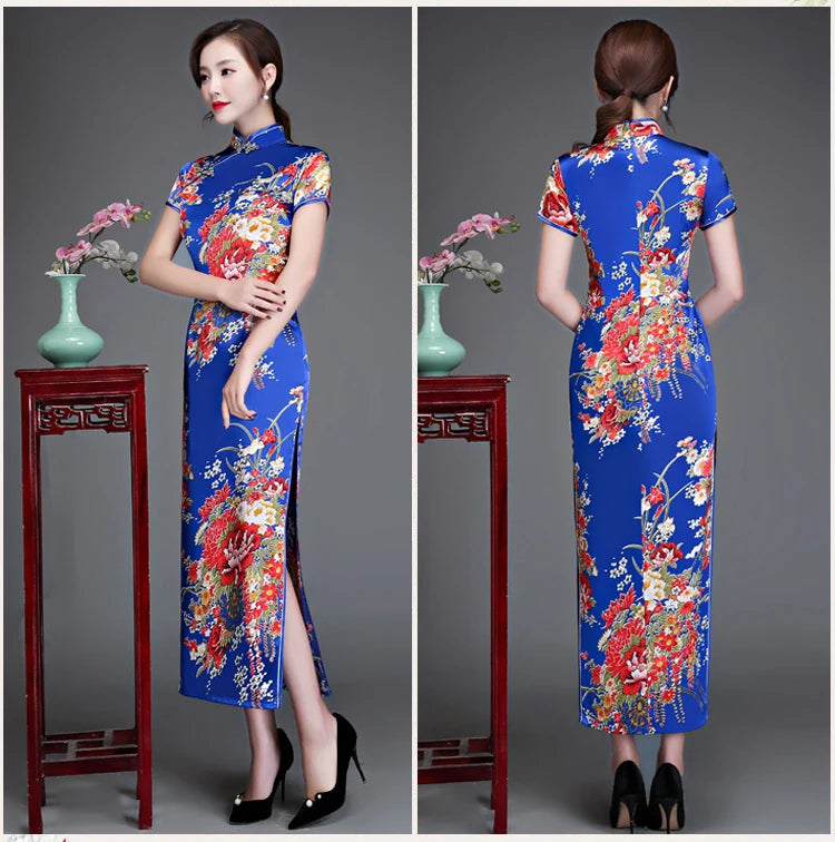 Old Shanghai Elegant Women Satin Qipao Slim 3/4 Sleeve Long Dress New Traditional Chinese Mandarin Collar Cheongsam Vestidos - Seprincess